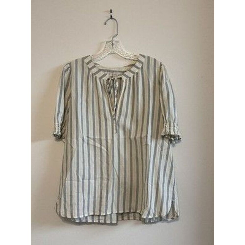 Loft Blue And Cream Striped Short Sleeved Shirt With Tied Collar 100% Cot Large